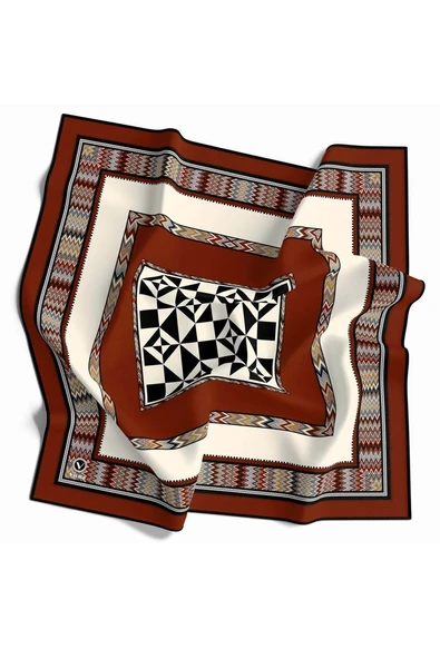 Kristal Geometrik Desenli Taba - Krem Renkli 90x90 Dikim Şekli : El Dikişi Eşarp (İpek İçermez) ürün görseli 1