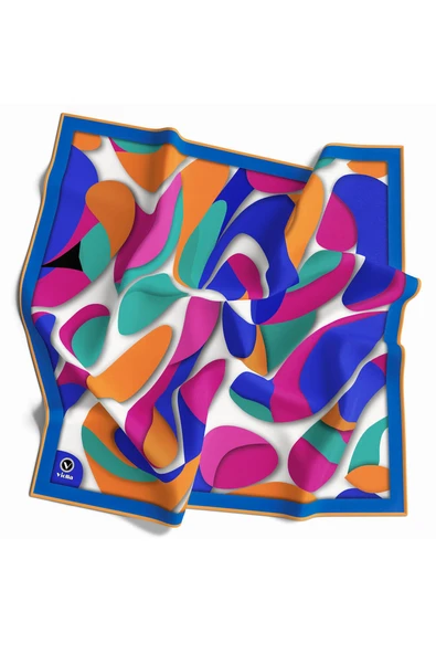 Twill Soyut Geometrik Desenli Saks - Turuncu Renkli 90x90 Eşarp (İpek İçermez) Dikim Şekli : El Dikişi ürün görseli 1
