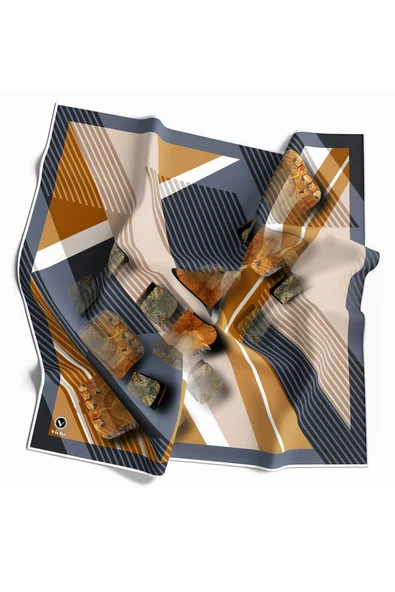 Twill Çizgili ve Geometrik Desenli Hardal Renkli 90x90 Eşarp (İpek İçermez) Kenar Dikiş Şekli El Dikişli ürün görseli 1