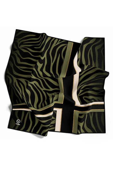 Twill Zebra Desenli Siyah - Haki Renkli 90x90 Eşarp (İpek İçermez) Dikim Şekli : El Dikişi ürün görseli 1