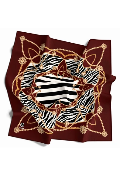 Twill Gold Detaylı Zebra Desenli Bordo Renkli 90x90 Eşarp (İpek İçermez) Kenar Dikiş Şekli El Dikişli ürün görseli 1