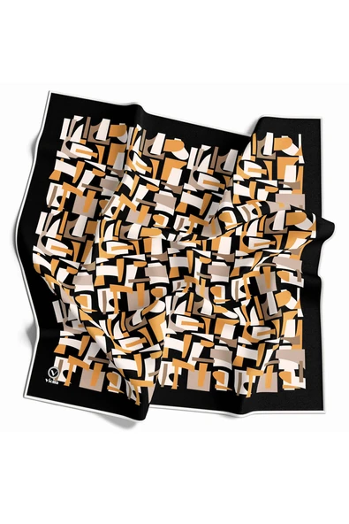 Twill Geometrik Desenli Hardal - Bej Renkli 90x90 Eşarp (İpek İçermez) Dikim Şekli : El Dikişi ürün görseli 1