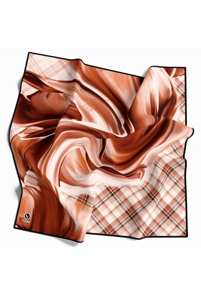 Twill Dalga ve Ekose Desenli Taba Renkli 90x90 Eşarp (İpek İçermez)Kenar Dikiş Şekli El Dikişli ürün görseli 1