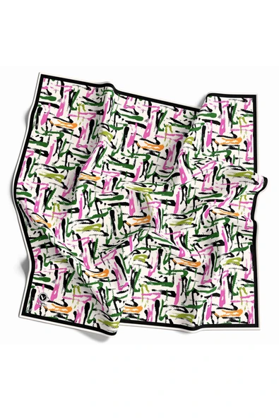 Twill Geometrik Desenli Pembe - Zümrüt Yeşili Renkli 90x90 Eşarp (İpek İçermez) Dikim Şekli : El Dikişi ürün görseli 1