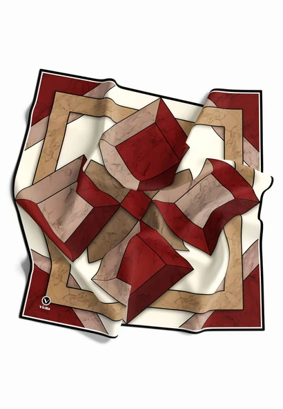 Kristal Mermer Desenli Bordo - Bej Renkli 90x90 Eşarp (İpek İçermez) Kenar Dikiş Şekli El Dikişli ürün görseli 1