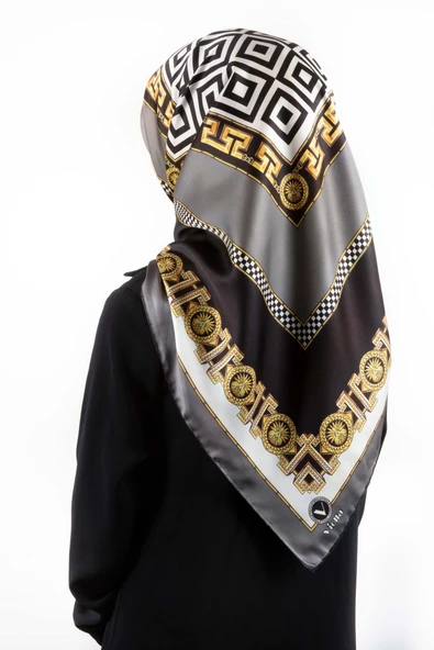 Twill Çizgili Barok Desenli Gri Renkli 90x90 Eşarp (İpek İçermez) Kenar Dikiş Şekli El Dikişli ürün görseli 1
