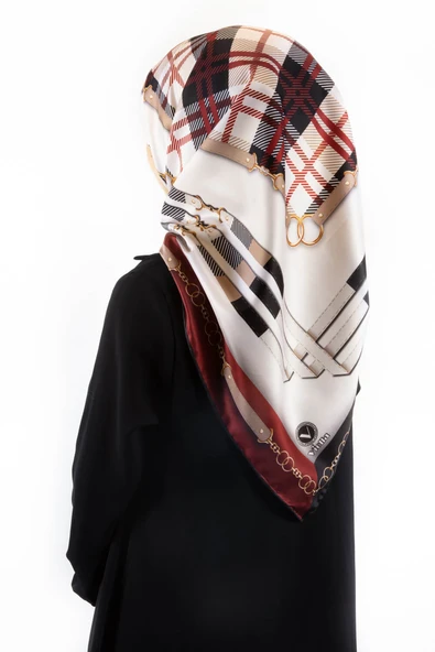Twill Ekoseli Ve Zincir Desenli Bordo Renkli 90x90 Eşarp (İpek İçermez) Dikim Şekli : El Dikişi ürün görseli 1