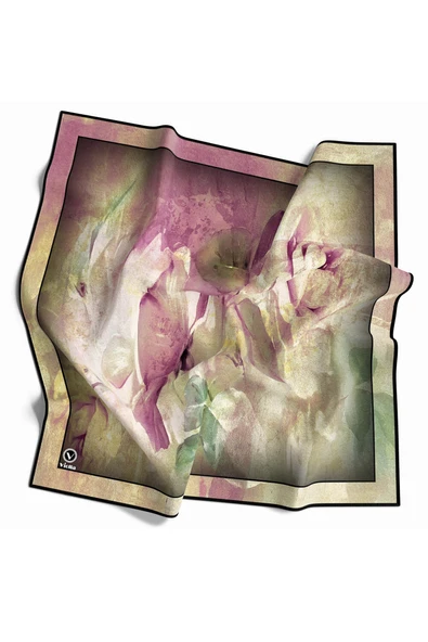 Twill Sulu Boyalı Çiçek Desenli Pembe Renkli 90x90 Eşarp (İpek İçermez) Kenar Dikiş Şekli El Dikişli ürün görseli 1