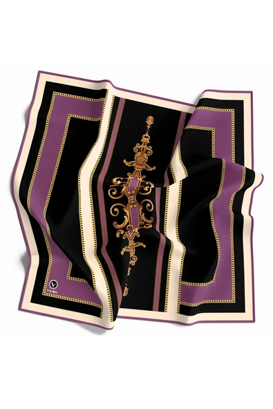 Twill Barok Desenli Lila Renkli 90x90 Eşarp (İpek İçermez) Kenar Dikiş Şekli El Dikişli ürün görseli 1