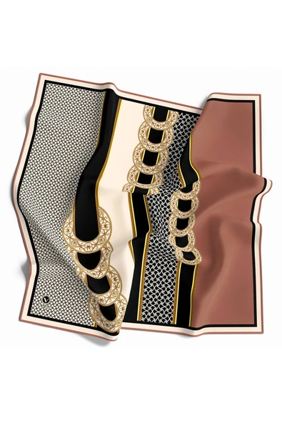 Twill Gold Kemerli Geometrik Desenli Bakır Renkli 90x90 Eşarp (İpek İçermez) Kenar Dikiş Şekli El Dikişli ürün görseli 1