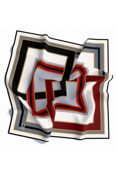 Twill Çerçeve Desenli Gri - Bordo Renkli 90x90 Eşarp (İpek İçermez) Kenar Dikiş Şekli El Dikişli ürün görseli 1