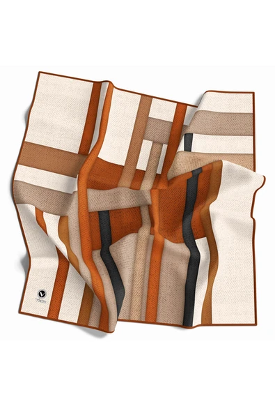 Twill Renkli Şerit Desenli Taba Renkli 90x90 Eşarp (İpek İçermez) Kenar Dikiş Şekli El Dikişli ürün görseli 1