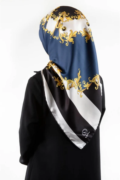 Twill Çizgili Barok Desenli İndigo Renkli 90x90 Eşarp (İpek İçermez) ürün görseli 1