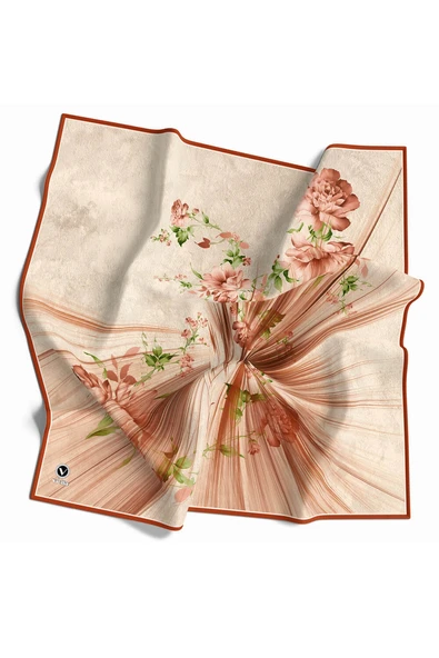 Twill Çiçekli Desenli Taba Renkli 90x90 Eşarp (İpek İçermez) Kenar Dikiş Şekli El Dikişli ürün görseli 1