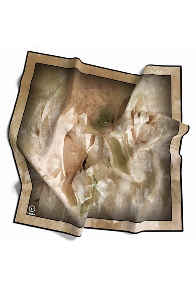 Twill Sulu Boyalı Çiçek Desenli Bej Renkli 90x90 Eşarp (İpek İçermez) Kenar Dikiş Şekli El Dikişli ürün görseli 1