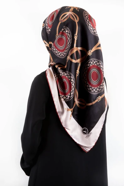 Twill Kemerli Ve Geometrik Desenli Bordo Renkli 90x90 Eşarp (İpek İçermez) Kenar Dikiş Şekli El Dikişli ürün görseli 1