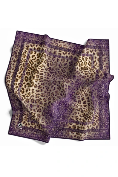 Twill Leopar Desenli Mor Renkli 90x90 Eşarp (İpek İçermez) Kenar Dikiş Şekli El Dikişli ürün görseli 1