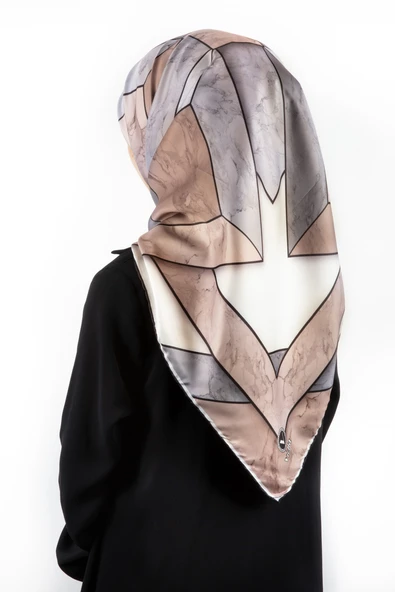 Twill Mermer Desenli Gri - Bej Renkli 90x90 Eşarp (İpek İçermez) Kenar Dikiş Şekli El Dikişli ürün görseli 1