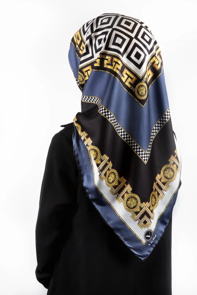 Twill Çizgili Barok Desenli İndigo Renkli 90x90 Eşarp (İpek İçermez) ürün görseli 1