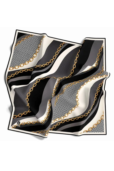 Twill Zincir Desenli Siyah Renkli 90x90 Eşarp (İpek İçermez) Kenar Dikiş Şekli El Dikişli ürün görseli 1