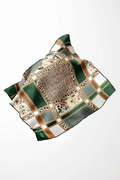 Twill Leopar ve Çiçek Desenli Zümrüt Yeşili - Bej Renkli 90x90 Eşarp (İpek İçermez) Dikim Şekli : El Dikişi ürün görseli 1