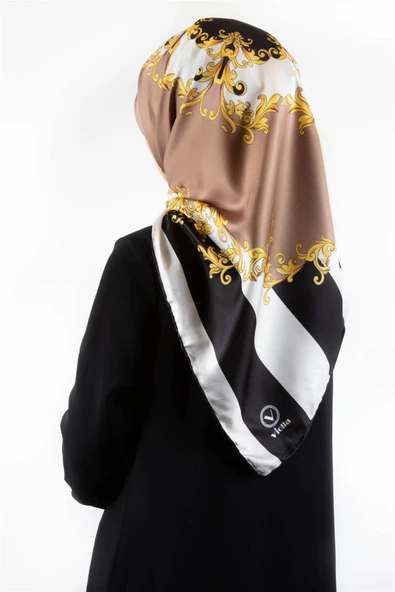 Twill Çizgili Barok Desenli Bej Renkli 90x90 Eşarp (İpek İçermez) Kenar Dikiş Şekli El Dikişli ürün görseli 1