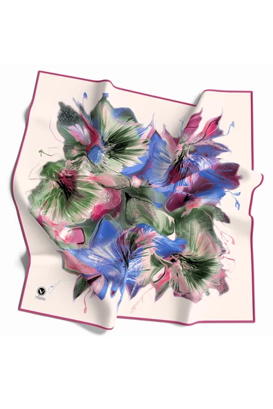 Twill Çiçek Desenli Pembe - Saks Renkli 90x90 Eşarp (İpek İçermez) Kenar Dikiş Şekli El Dikişli ürün görseli 1