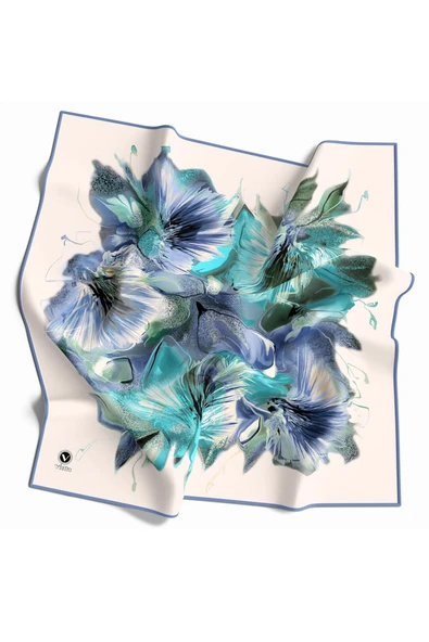 Twill Çiçek Desenli İndigo - Mint Yeşili Renkli 90x90 Eşarp (İpek İçermez) Kenar Dikiş Şekli El Dikişli ürün görseli 1