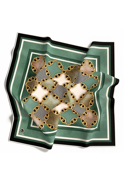 Twill Zincirli Geometrik Desenli Mint Yeşili Renkli 90x90 Eşarp (İpek İçermez) Dikim Şekli : El Dikişi ürün görseli 1