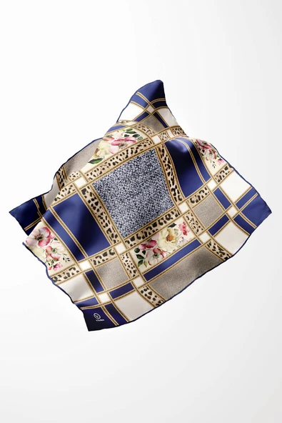 Twill Leopar ve Çiçek Desenli Lacivert - Krem Renkli 90x90 Eşarp (İpek İçermez) Dikim Şekli : El Dikişi ürün görseli 1
