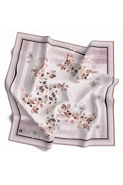 Twill Çiçek Desenli Bej Renkli 90x90 Eşarp (İpek İçermez) Kenar Dikiş Şekli El Dikişli ürün görseli 1
