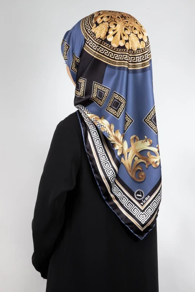 Twill Barok Desenli İndigo Renkli 90x90 Eşarp (İpek İçermez) Kenar Dikiş Şekli El Dikişli ürün görseli 1