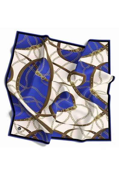 Twill Kemer ve Zincir Desenli Saks Renkli 90x90 Eşarp (İpek İçermez) Kenar Dikiş Şekli El Dikişli ürün görseli 1
