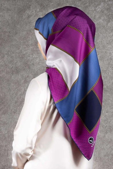 Twill Geometrik Desenli Mürdüm - İndigo Renkli 90x90 Eşarp (İpek İçermez) Kenar Dikiş Şekli El Dikişli ürün görseli 1