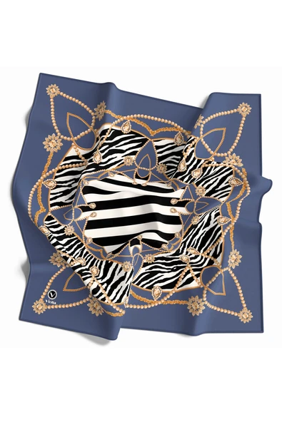 Twill Gold Detaylı Zebra Desenli İndigo Renkli 90x90 Eşarp (İpek İçermez) Kenar Dikiş Şekli El Dikişli ürün görseli 1