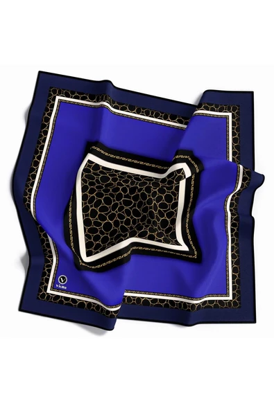 Twill Zincir Desenli Saks Mavisi Renkli 90x90 Eşarp (İpek İçermez) Kenar Dikiş Şekli El Dikişli ürün görseli 1