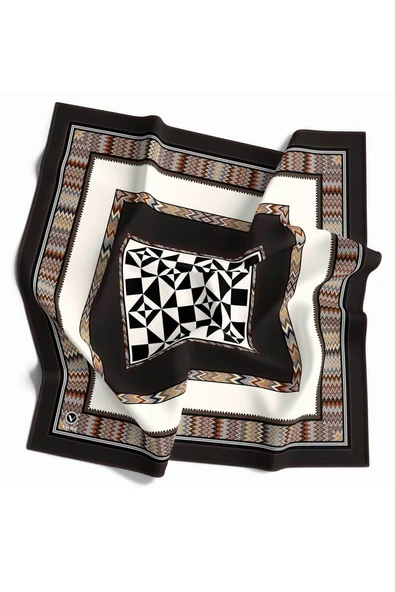 Kristal Geometrik Desenli Kahverengi - Bej Renkli 90x90 Dikim Şekli : El Dikişi Eşarp (İpek İçermez) ürün görseli 1