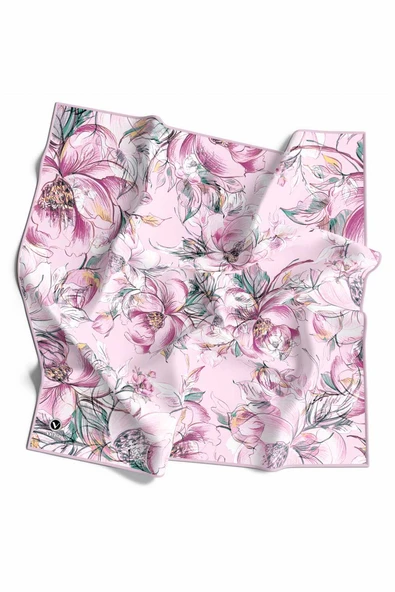 Rayon Güllerin İçinden Desenli Pembe Renkli 90x90 Eşarp (İpek İçermez) Kenar Dikiş Şekli El Dikişli ürün görseli 1
