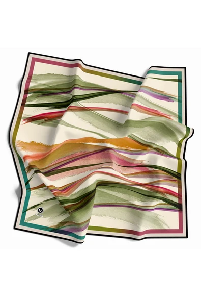 Twill Fırça Desenli Turuncu - Haki Renkli 90x90 Eşarp (İpek İçermez) Kenar Dikiş Şekli El Dikişli ürün görseli 1