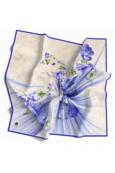 Twill Çiçekli Desenli Saks Renkli 90x90 Eşarp (İpek İçermez) Kenar Dikiş Şekli El Dikişli ürün görseli 1