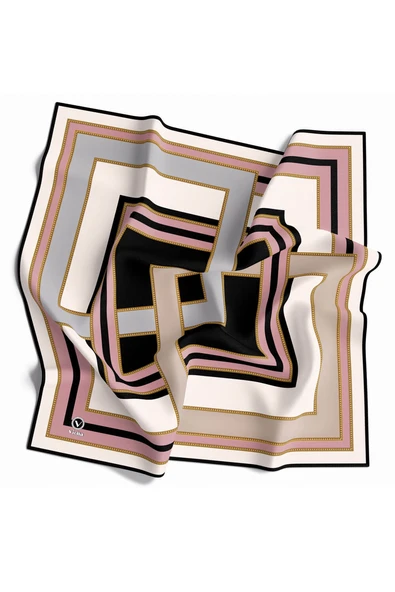 Twill Çerçeve Desenli Gri - Pudra Renkli 90x90 Eşarp (İpek İçermez) Kenar Dikiş Şekli El Dikişli ürün görseli 1
