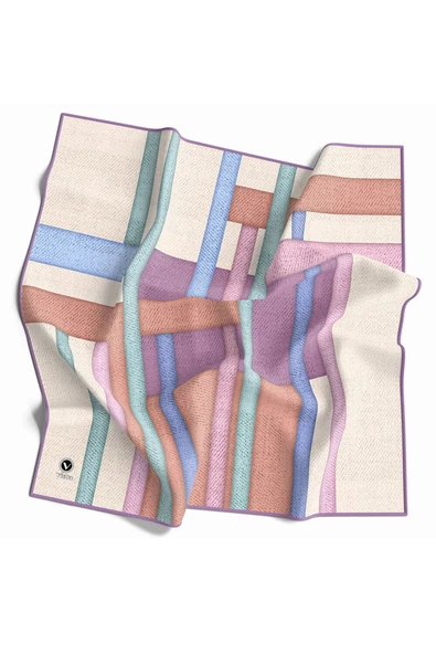Twill Renkli Şerit Desenli Lila Renkli 90x90 Eşarp (İpek İçermez) Kenar Dikiş Şekli El Dikişli ürün görseli 1