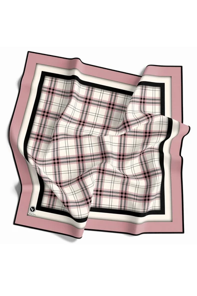 Twill Ekose Desenli Pudra Renkli 90x90 Eşarp (İpek İçermez) Kenar Dikiş Şekli El Dikişli ürün görseli 1