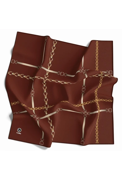 Twill Zincir ve Kemer Desenli Taba Renkli 90x90 Eşarp (İpek İçermez) Kenar Dikiş Şekli El Dikişli ürün görseli 1
