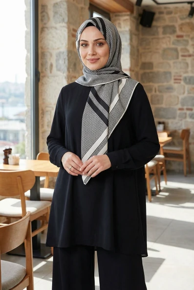 Twill Çizgili Pötikareli Çizgili Desenli Krem Renkli 90x90 Eşarp (İpek İçermez) ürün görseli 1