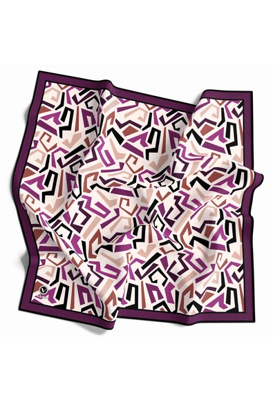 Twill Geometrik Desenli Mürdüm Renkli 90x90 Eşarp (İpek İçermez) Kenar Dikiş Şekli El Dikişli ürün görseli 1