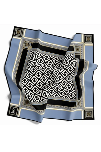 Twill Antik Desenli Bebe Mavisi Renkli 90x90 Eşarp (İpek İçermez) Kenar Dikiş Şekli El Dikişli ürün görseli 1