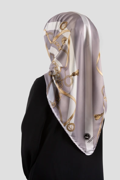 Twill Çizgili Kemer ve Zinci Desenli Gri Renkli 90x90 Eşarp (İpek İçermez) Kenar Dikiş Şekli El Dikişli ürün görseli 1