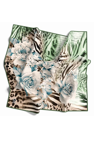 Twill Renkli Şerit Desenli Mint Yeşili - Bej Renkli 90x90 Eşarp (İpek İçermez) Kenar Dikiş Şekli El Dikişli ürün görseli 1