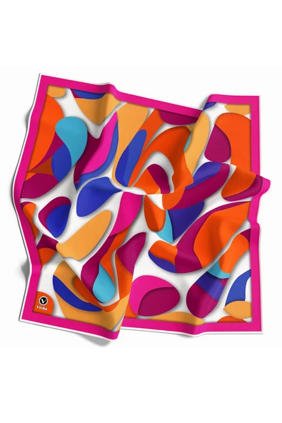 Twill Soyut Geometrik Desenli Fuşya - Turuncu Renkli 90x90 Eşarp (İpek İçermez) Dikim Şekli : El Dikişi ürün görseli 1